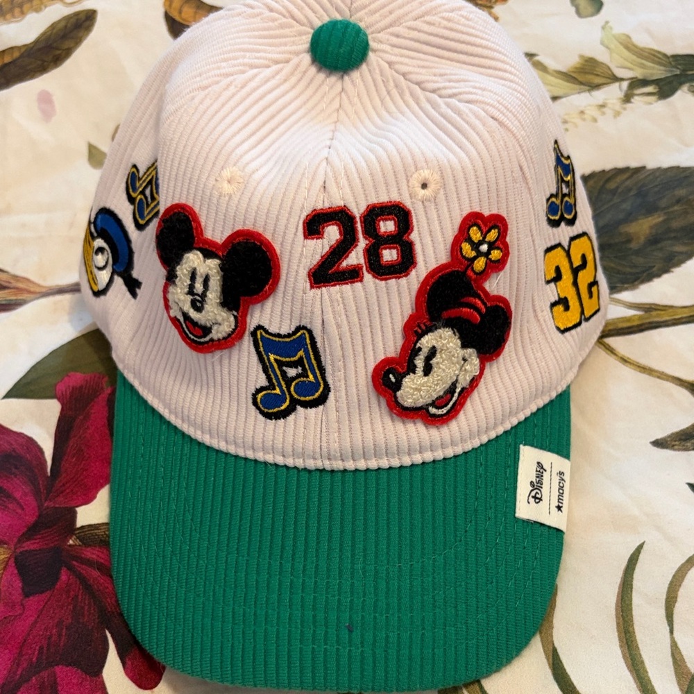 Disney White Corduroy Baseball Cap with Teal Brim and Character Patches